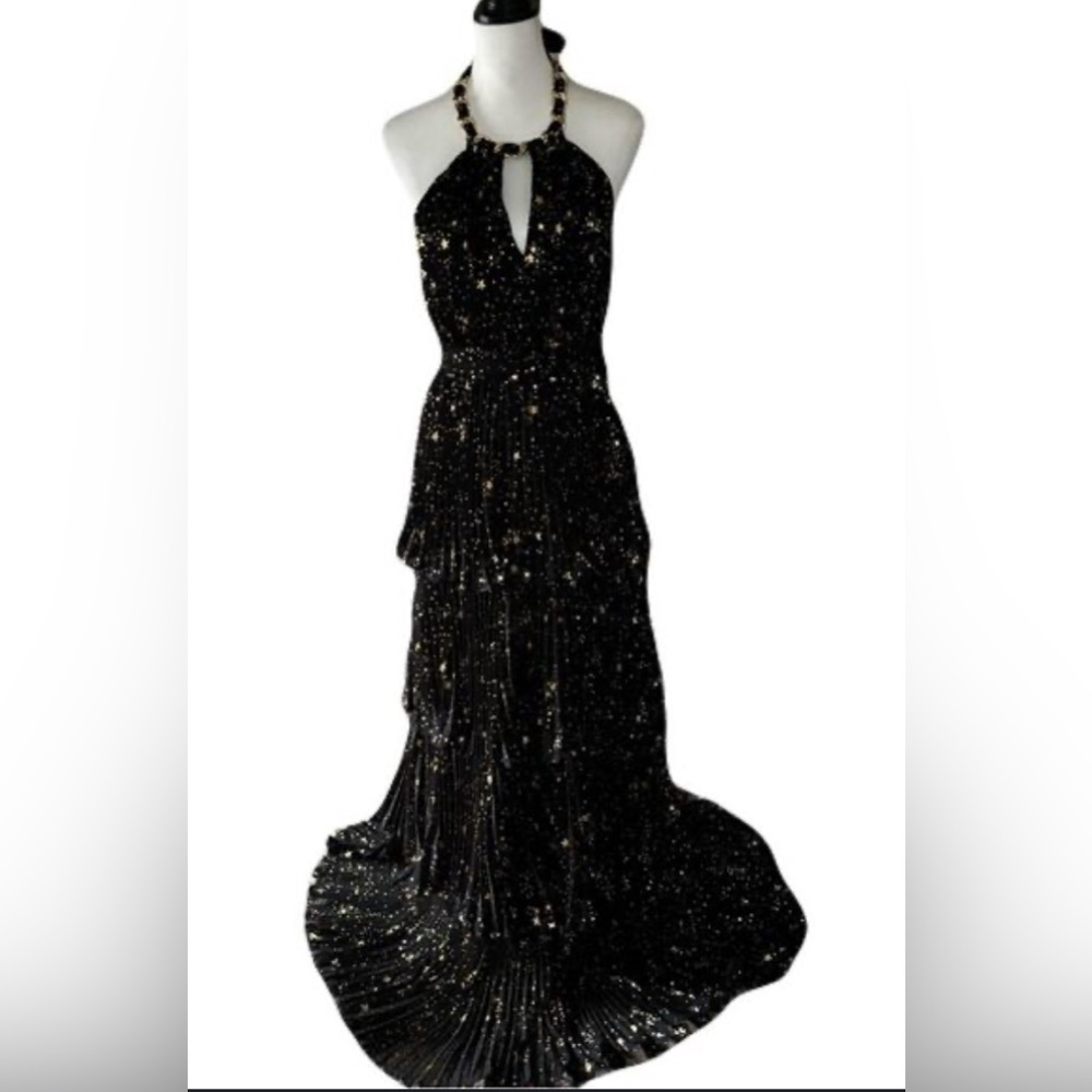 NWT’s Alex Marie Black and Gold Star Tiered Halter Maxi Dress
